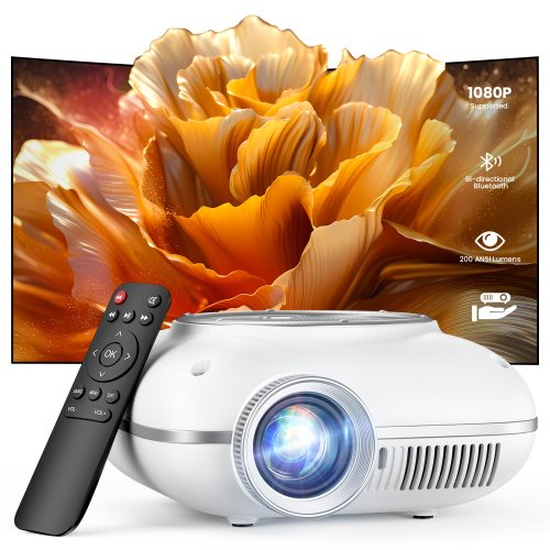 Mini Projector with Two -Way Bluetooth, Portable Projector for Home Theater Use, Support 1080P for Outdoor Projector/Movie Projector Compatible with HDMI, USB, Laptop, TV Stick (White)